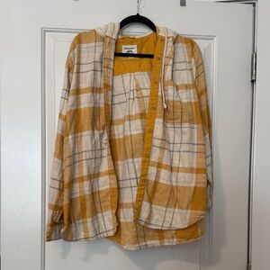 American Eagle Outfitters Mustard and Cream Plaid Button-Down Hooded Shirt